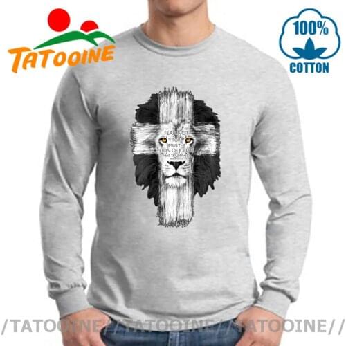Cool Lion Of Judah Jesus Long sleeve TShirt Men Funny Cross Lion Tee Shirts Mans Casual Short Sleeve Christmas Day long T shirt