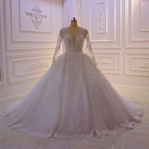 Amanda Design nikah elbisesi Long Sleeve Lace Appliques Shiny Wedding Dress