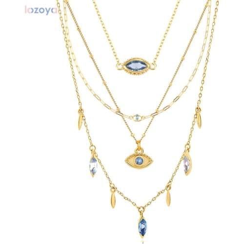 Lozoya 925 Sterling Silver Gold Blue Piercing Drop Ring Eye Zircon CZ Eye Pendant Necklace Long Choker Stud EarringJewelry Set