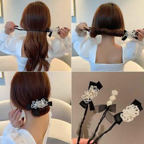 Fashion Ball Head Curler Head Rope Korean Style Imitation Pearl Bow Hair Bun Maker Folder Hairpin Sweet Buds Disk Hair Sticks
