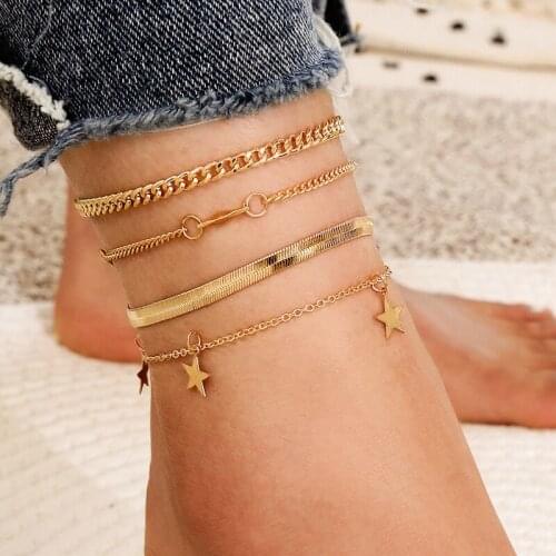 4 Pcs/Set Fashion Anklets Lady Beach Exquisite Star Pendant Simple Chain Gold Anklet Set Charm Party Jewelry Gift Accessories