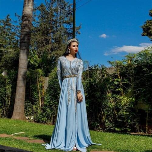 Sky Blue V Neck Moroccan Kaftan Dubai Evening Dresses Elegant Lace Applique Long Sleeves Saudi Arabic Muslim Prom Dresses Custom