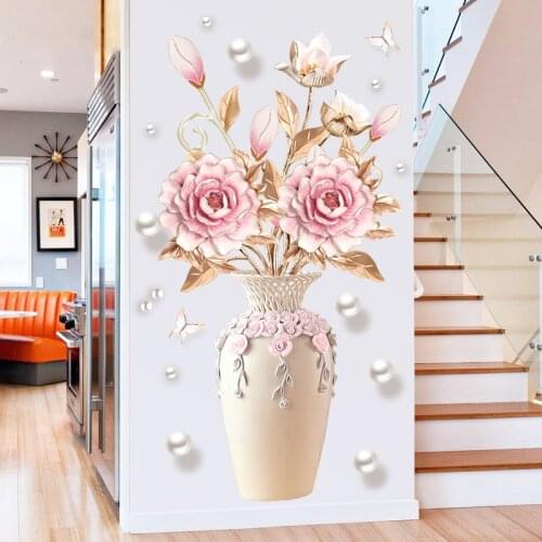 Creative Peony Flowers Vase Wall Sticker Living Room Bedroom Decal 3D Wallpaper Teenager Wall Decoration Aesthetic Poster Art