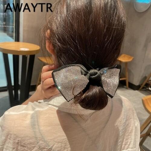 AWAYTR Korean Rhinestone Bow Knot Hair Rope Large Intestine Hair Ring Head Tie Hair Fairy Cloth Ponytail New Satin Head Rope