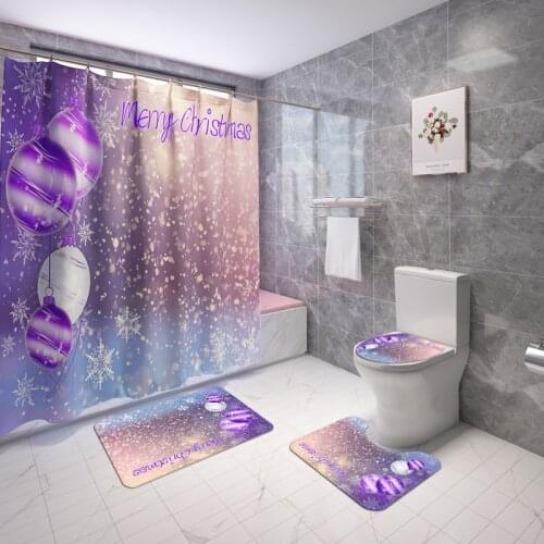 Merry Christmas Bathroom Set Shower Curtain Waterproof Happy New Year Decoration Toilet Cover Mat Non Slip Rug Flannel Carpet