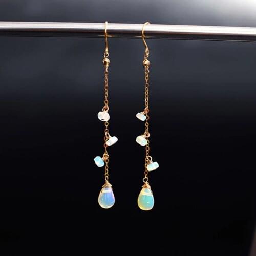 DAIMI 18K Gold Genuine Gemstones Opal Earrings Female Simple Valentines Day Gift For Girlfriend Earrings Long Earrings