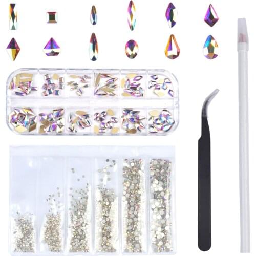Swarovsky 16 Shape/ Set of AB Crystal Rhinestone Diamond Gem 3D Glitter Dazzling Nail Art Decoration With tweezers & Dotting Pen