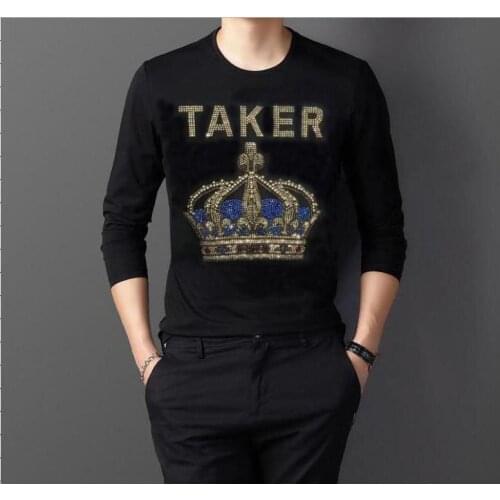 Streetwear Cartoon Crown Hot Drill Men Fashion Winter Hip Hop Black Simplicity O Collar Long T Shirt
