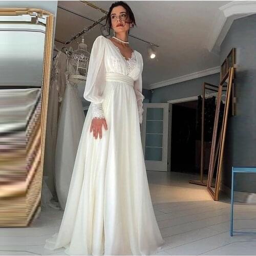 Vintage Boho Lace Chiffon Wedding Dresses Puff Long Sleeves A Line V Neck Bohemian Bride Gowns Floor Length Elegant Bridal Dress