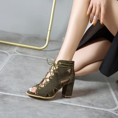 YMECHIC Summer Block Heel Shoes Cross Tied Lace Up Hollow Out Rivet Green Black Sexy Gladiator Sandals Women High Heels Boots 43