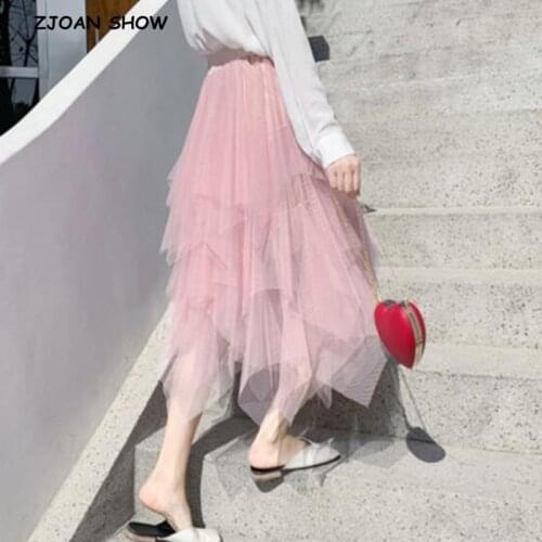 Women Irregular Mesh Skirt Korean Clothes Summer Vintage Elastic Waist Pleated Mid Long A-line Skirts Femme