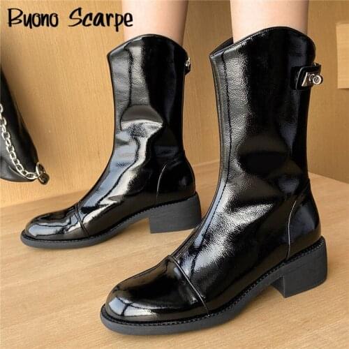 Chunky Heel Women Lock Boots Patent Leather Med Boots Metal Decor Casual Quality Botas Mujer Ladies Autumn Winter Shoes Zipper