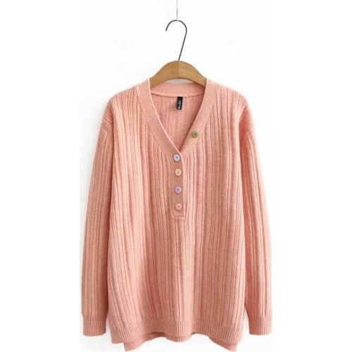 Plus size V neck button women loose sweaters 2021 new winter casual ladies pullovers sweater female tops pink brown