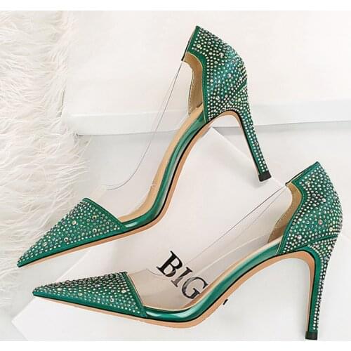 2021 Women 8.5cm High Heels Glitter Crystal Pumps Lady Transparent Heels Female Wedding Bridal Stripper Designer Green PVC Shoes