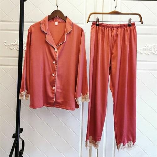 Silky Nightwear Satin 2PCS Shirt&Pants Women Pajamas Set Soft Nightdress Casual Homewear Lace Patchwork Sleepwear Nightgown