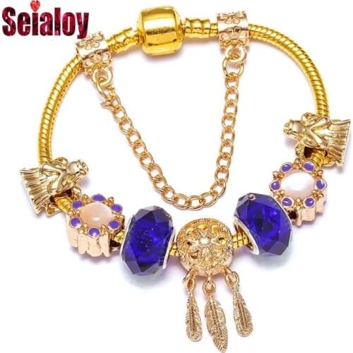 Seialoy Blue Crystal Golden Bracelet Dream Catcher Charm Bracelets For Women Men Original Angel Beads Bangle Childrens Jewelry