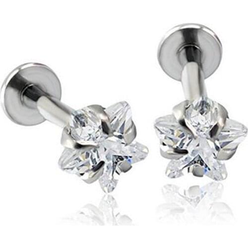 16G 1.2mm 316L Surgical Steel Internally Star Shaped Cubic Zirconia Labret Monroe Lip Ring Tragus Helix Daith Earring