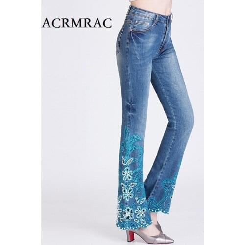 ACRMRAC women jeans woman Spring and autumn Middle waist Beading Openwork embroidery Small Flare Pants Long pants jeans Women