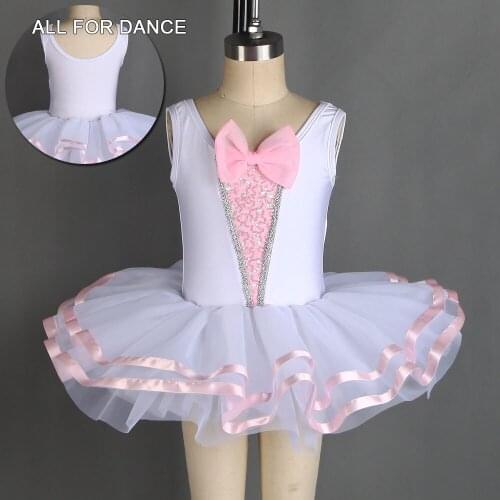 White Spandex Top With White Tulle Pink Ribbon Girls Ballet Dance Tutu Bowknot Ballet Dance Wear Dance Skirts