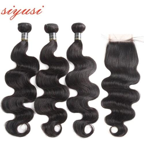 Brazilian Human Hair 3/4 Pcs With 4x4 Lace Closure Free Middle Part Natural Color Brazilian Human Hair Bundles With Closure