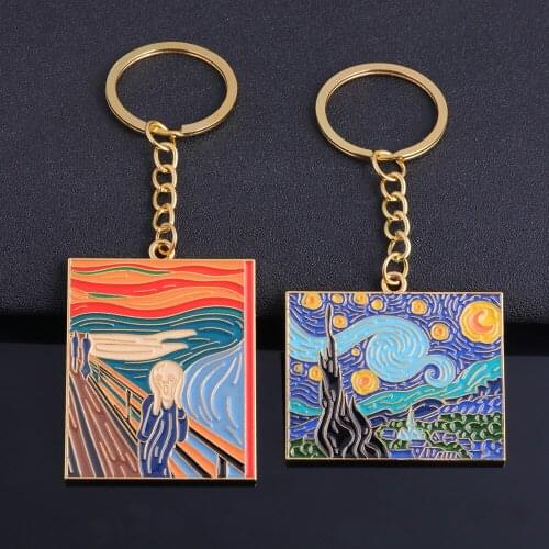 RJ The Starry Night Keychain Retro Van Gogh Art Painting Pendant Key Ring Car Hanging Bag Jewelry Accessories Gift