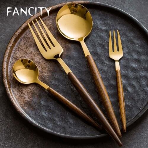FANCITY Imitation wooden handle stainless steel spoon fruit fork Creative size Western cutlery spoon Dessert spoon Coffee spoon