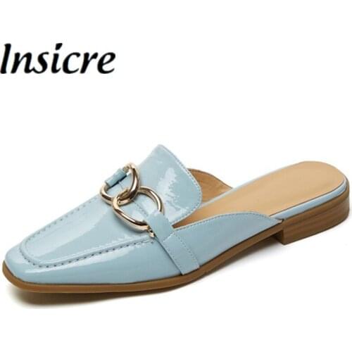 Insicre 2021 Summer Slippers Metal Knot Patent Leather Square Toe Women Pumps Low Heels Mules Casual Shoes Light Blue