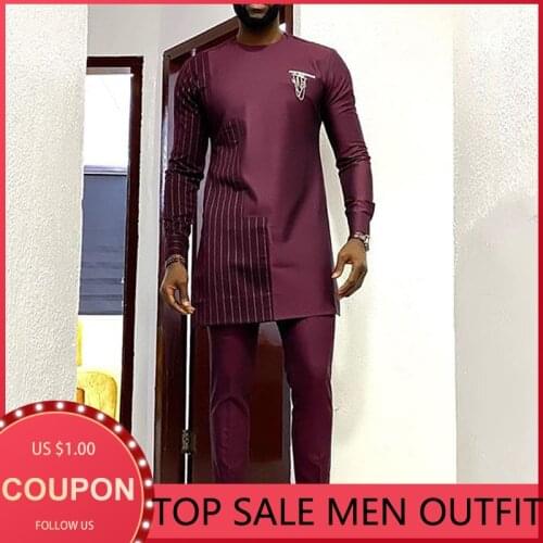 Two-piece African Mens Outfit 2021 Spring Autumn Mid-length Shirt Men Dashiki Long Sleeve Top+Pants Traditional Slim Suit Male