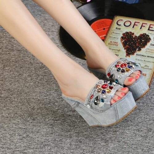 Summer Girls Multi Gem Rhinestone Flower Retro Grey Denim Wedge High Heels Slipper Sandals Platform Sole Crystal Cowboy Shoes