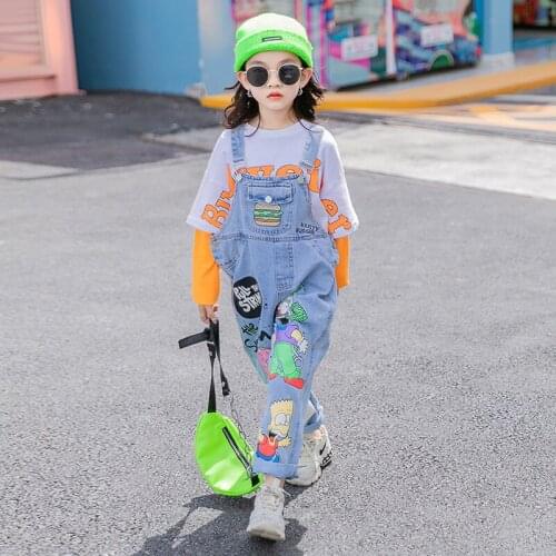 Cartoon Print Fashion Casual Teenage Girls Pants Girls Jumpsuit Baby Girl Denim Overalls for Kids Jeans Pants Children Trousers