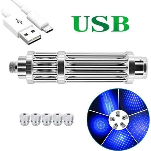 Powerful blue laser USB rechargeable blue laser pointer high-power laser flashlight can burn matches/candle/cigar hunting laser