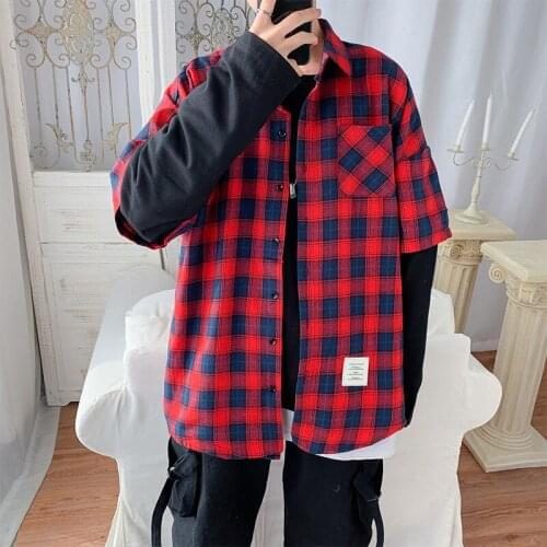 Mens Long Sleeve Print Shirt Fake Two-piece Plaid Long-sleeved Shirt Spring and Autumn Korean Loose Student Casual Shirt Jacket