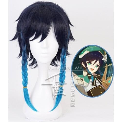 Genshin Impact Venti Wig Gradient Short Braided Cosplay Heat Resistant Synthetic Hair Halloween Carnival Party + Free Wig Cap