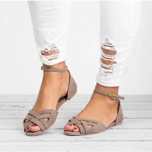 Dropshipping 2019 Summer New Shoes Woman Open Toe One-Strap Belt Wraps Cross-Knit Flat Womens Sandals Plus Size