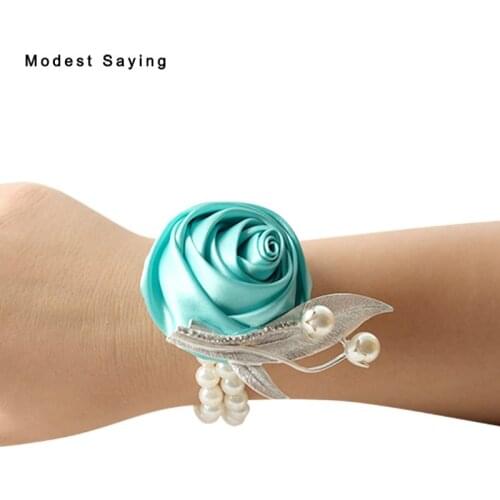 Romantic Turquoise Artificial Rose Pearls Wedding Wrist Corsages 2018 for Groomsman Formal Women Wedding Party Prom Accessories