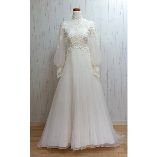 Long Sleeve Wedding Dresses for Bride 2021 Moroccan Caftan A Line Lace Appliques Tulle Wedding Bridal Dress