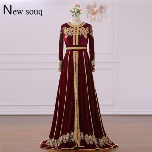Muslim Arabic Evening Dresses Burgundy Party Gowns Gold Applique Real Image Formal Middle East Women Dress 2019 Robe De Soiree