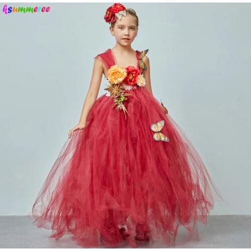 Vintage Girls Fairy Flower Tutu Dress with Headband Fall Wedding Flower Girl Tutu Ball Gowns Kids Pageant Tulle Dress Costume