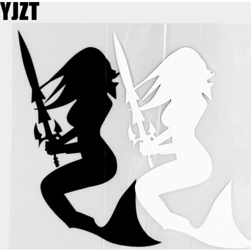 YJZT 15.2×10.7CM Exquisite Car Sticker Mermaid Holding Sword Creative Vinyl Decal Decorative Pattern Black / Silver 20C-0417