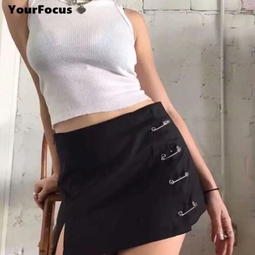 New harajuku punk rok streetwear skirt decorative pins split skirt black mini short high waist skirt women