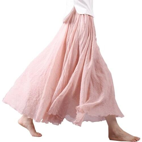 Dropshipping 2020 Summer Women Skirt Linen Cotton Vintage Long Elastic Waist Boho Beige Pink Maxi Skirts Faldas Saia