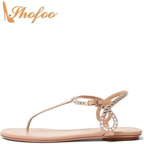 Large Size 36 39 Nude Crystal Ankle Strap Flat Sandals Woman Buckle Female Ladies Dress Shoes Footwear Fashion Casual Holidays