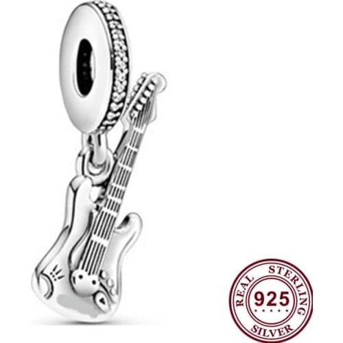 Original 925 Sterling Silver Charm Creative Electric Guitar Pendant Fit Pandora Women Bracelet & Necklace Diy Jewelry