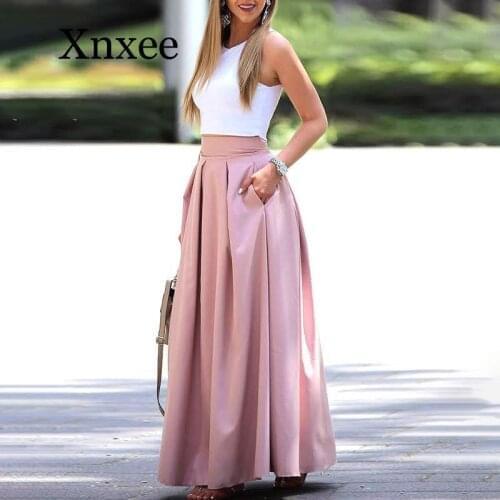 Summer skirt set Women Elegant Casual Two-Piece Suit Set Female Sleeveless Cropped Top & Pleated Maxi formal pink blue pocket