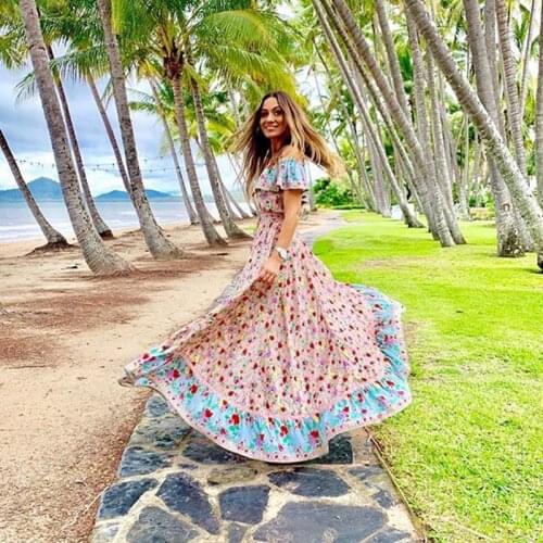 KHALEE YOSE Gypsy Floral Maxi Dress Women Hollow Out Tie Lace Up Backless Hippie Bohemian Chic Sexy Beach Party Holiday Dress