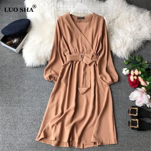 LUOSHA Women 2019 Spring Summer Sexy V Neck Long Lantern Sleeve Dress With Sashes Female Holiday Casual Beach Vestidos