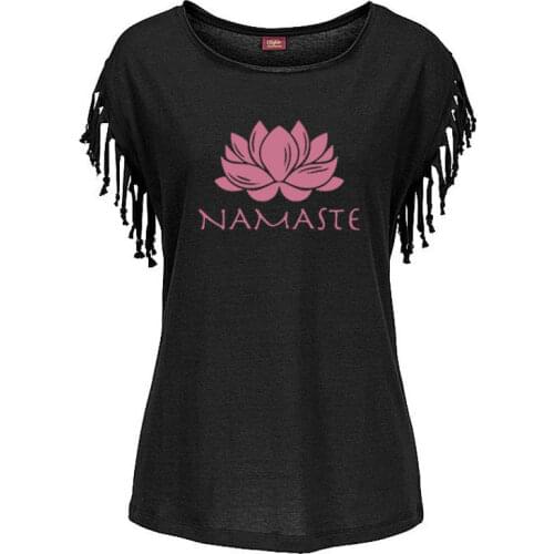 2020 New Fashion Women clothing Namaste Print Women Cotton Tassel Casual T-shirt Womens Tees Short Sleeve O-neck Femme t shirt