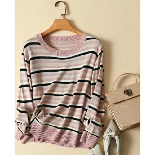 2021 Autumn New Striped Knitted Women Sweater Pullovers O-neck All Match Loose Elegant Office Lady Pulls Outwear Tops