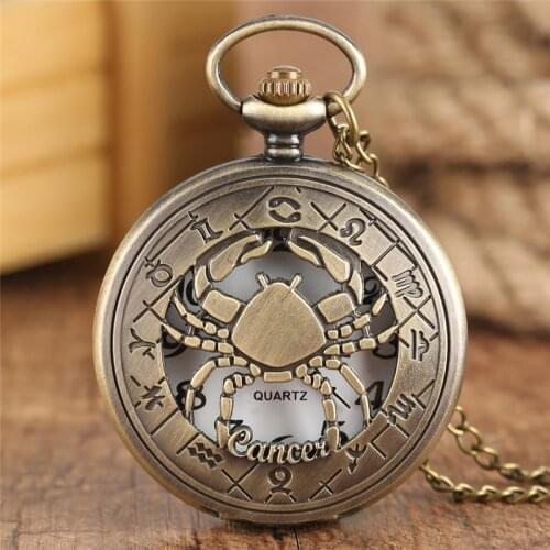 Twelve constellations Cancer Crab Bronze Hollow Quartz Pocket Watch Pendant Necklace Mens Womens Watch Chain Boys Girls Gift
