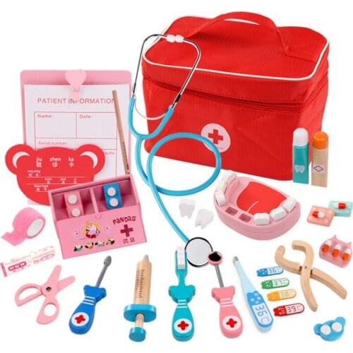 Children Wooden toy Funny play Real Life Cosplay Doctor Dentist Medicine Box Pretend toys for Boy girl gift